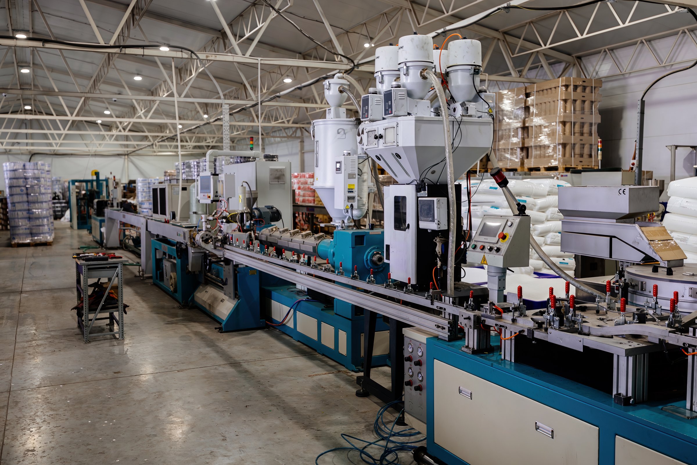 Modern polymer extrusion production line. Flat drip Irrigation tape and pipe production line