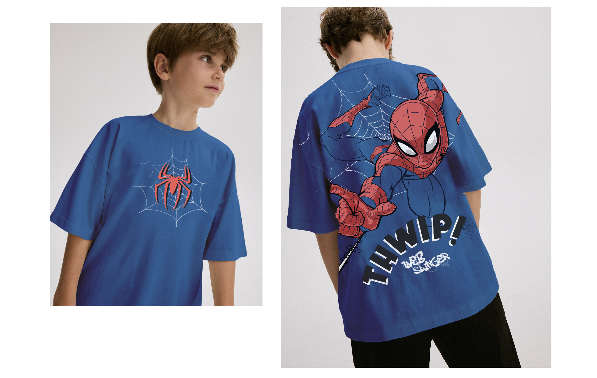 Boy wearing a blue Spider-Man T-shirt featuring a red spider logo on front and Spider-Man graphic with text "Thwip!" on back.