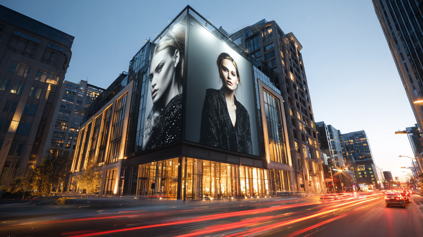 Colossal luxury fashion billboard dominating a pr