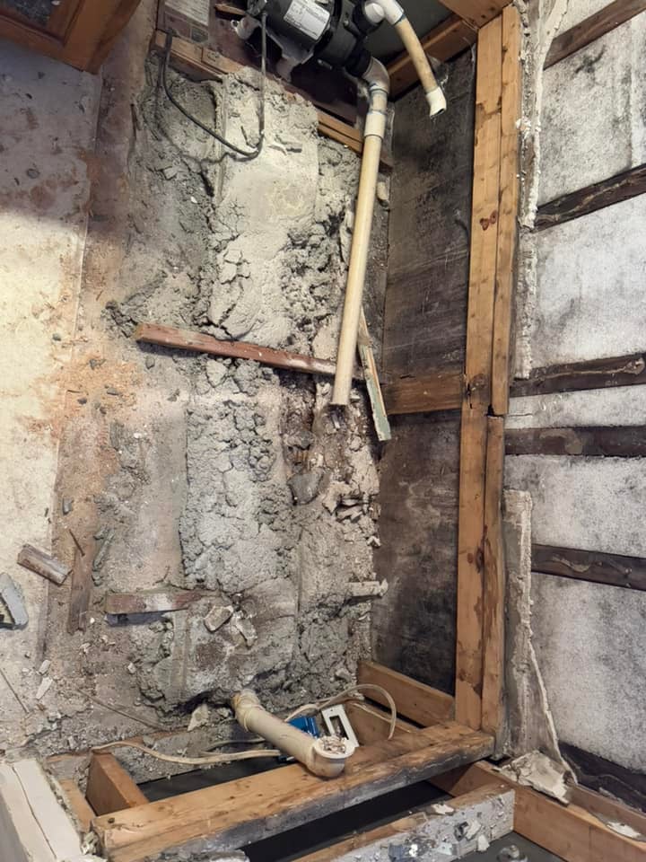 Bathroom demolition and mold removal in Toledo showing exposed framing