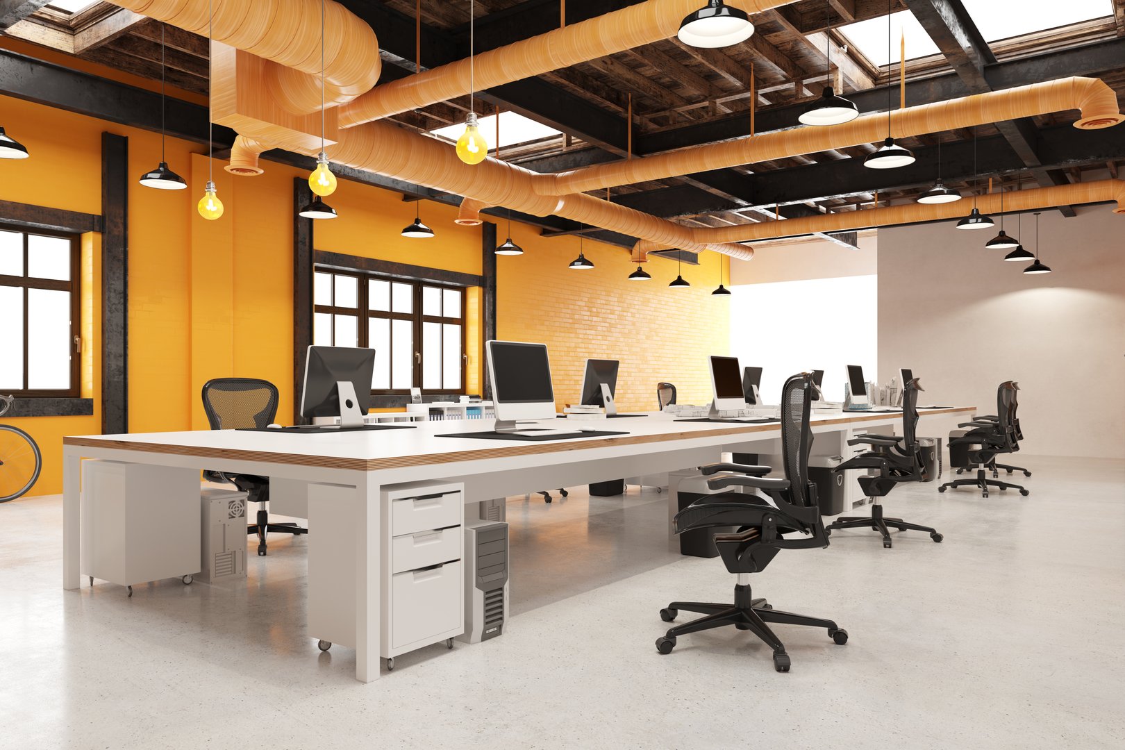 Office: desks with computers chairs. Beams steel orange ducts. Brick wall. Windows skylights pendants. Concrete floor. Co-working space. 3D photoreal rendering.