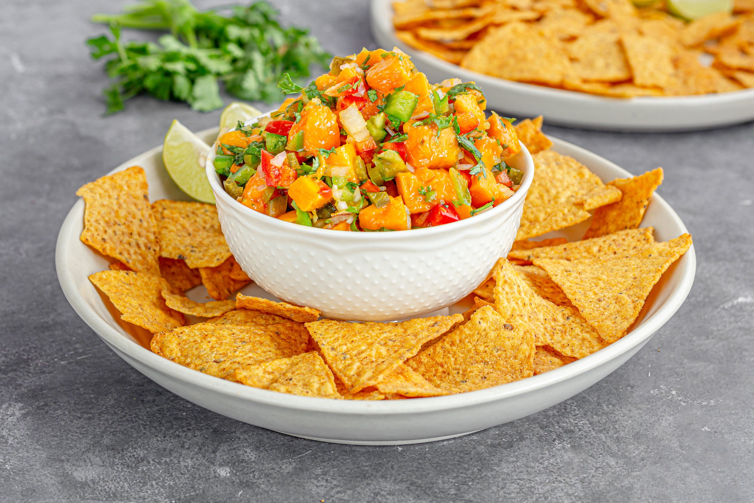 Spicy and Colorful Fresh Mango Salsa with Tortilla Chips