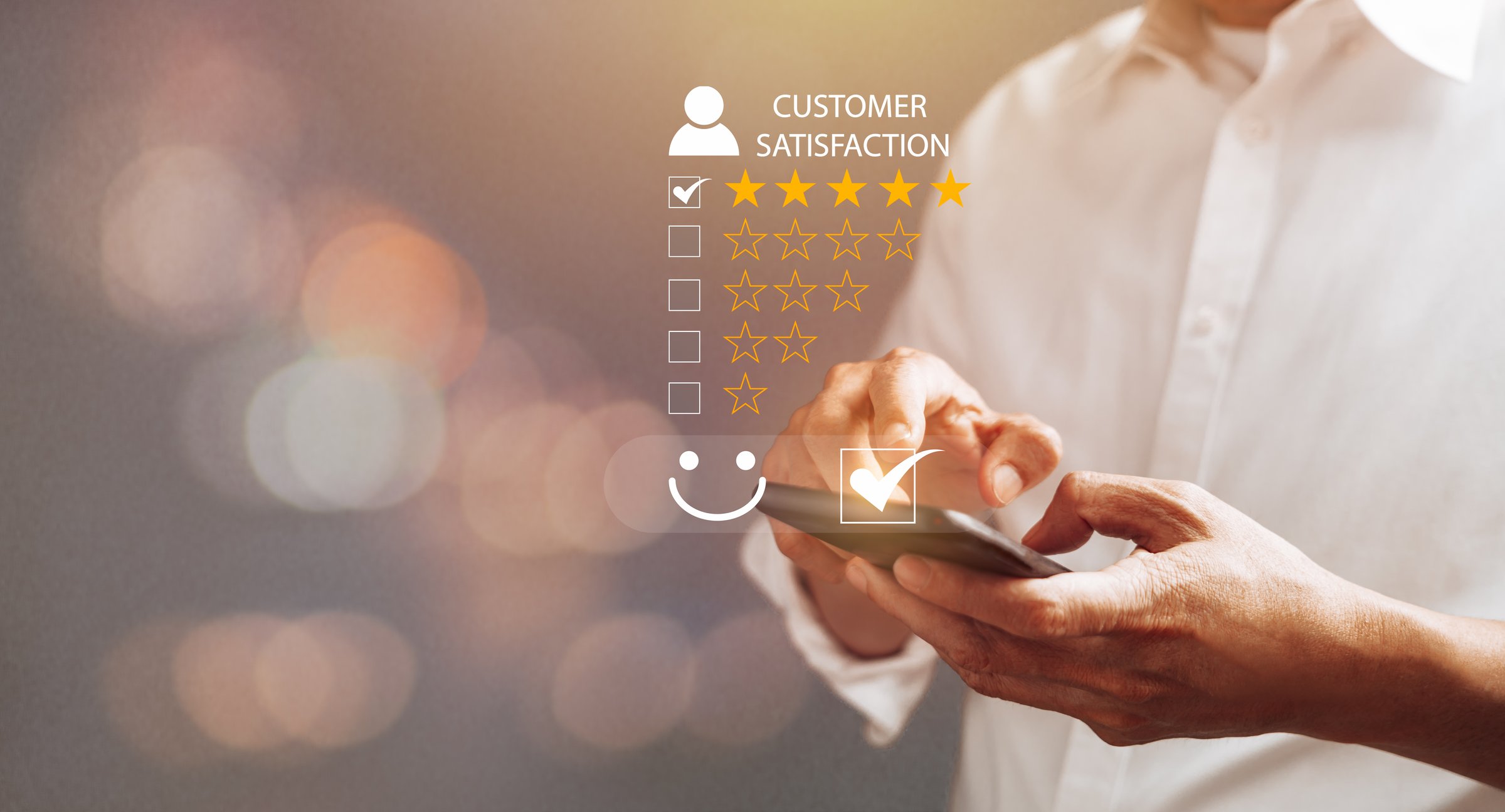 Customer give satisfaction and feedback very impressed with 5 stars rating through Smartphone, Satisfaction Service Concept