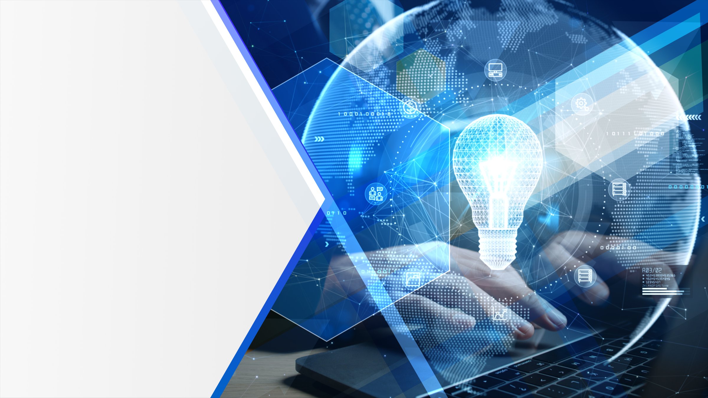 Hands typing on laptop with a glowing light bulb and global digital network, symbolizing innovation, creativity, and technology. 3d Rendering