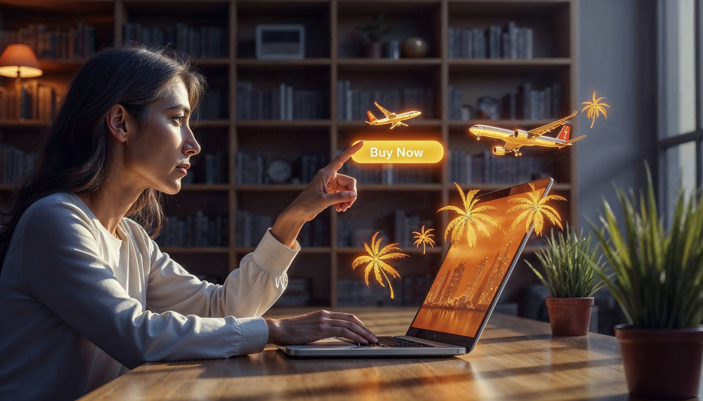 Woman using laptop with digital icons of airplanes, a "Buy Now" button, and palm trees, suggesting travel or booking.