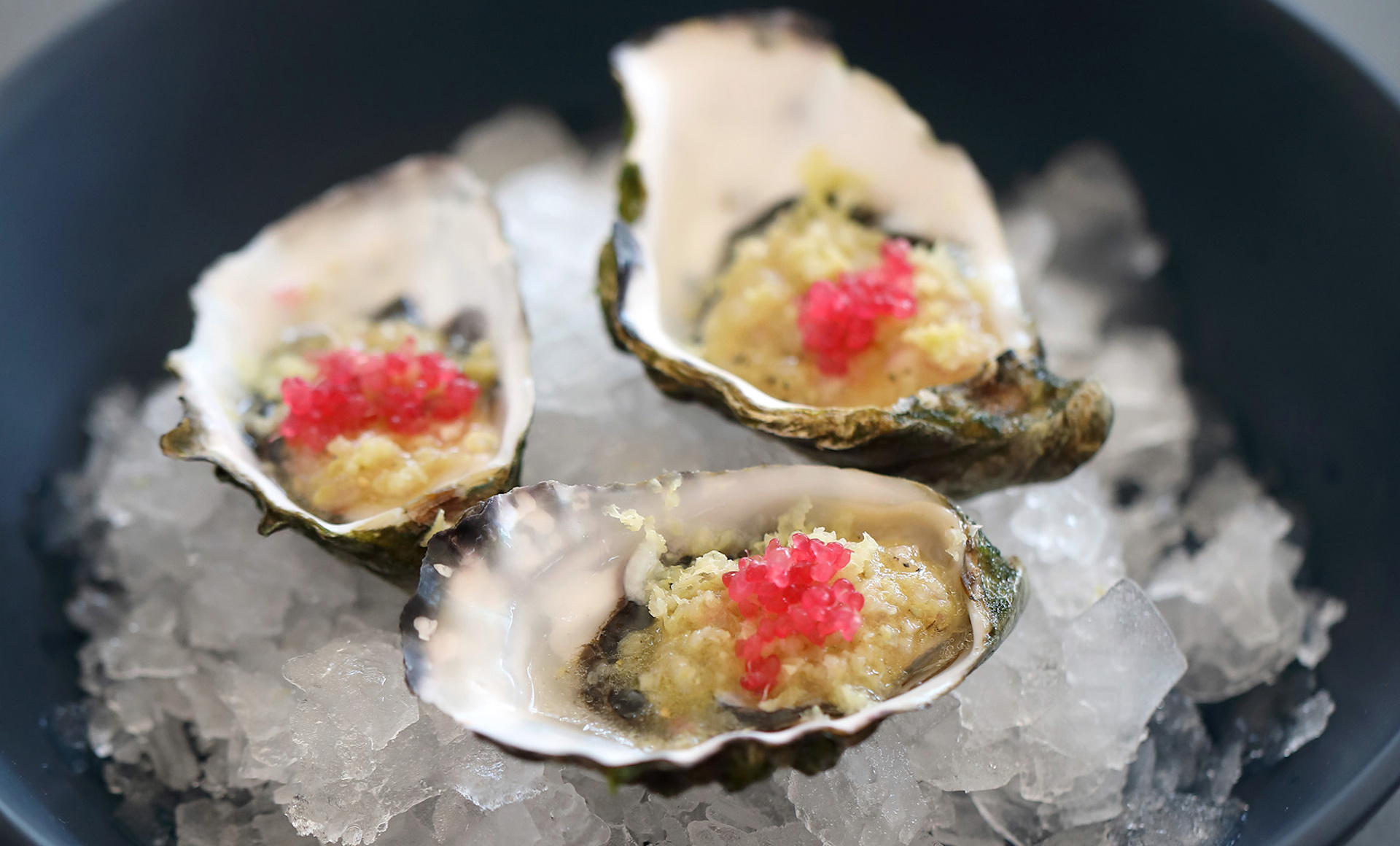 Oysters with Kakadu Plum Vinaigrette and Finger Lime Caviar
