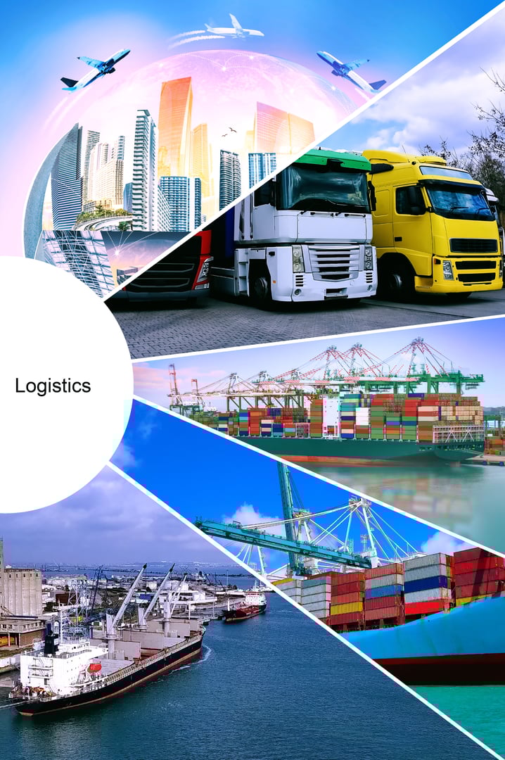 Industrial container cargo freight ship for import or export in port. Abstract design background, trucks and transport. Highway and delivering. Collage with globe. Logistics concept