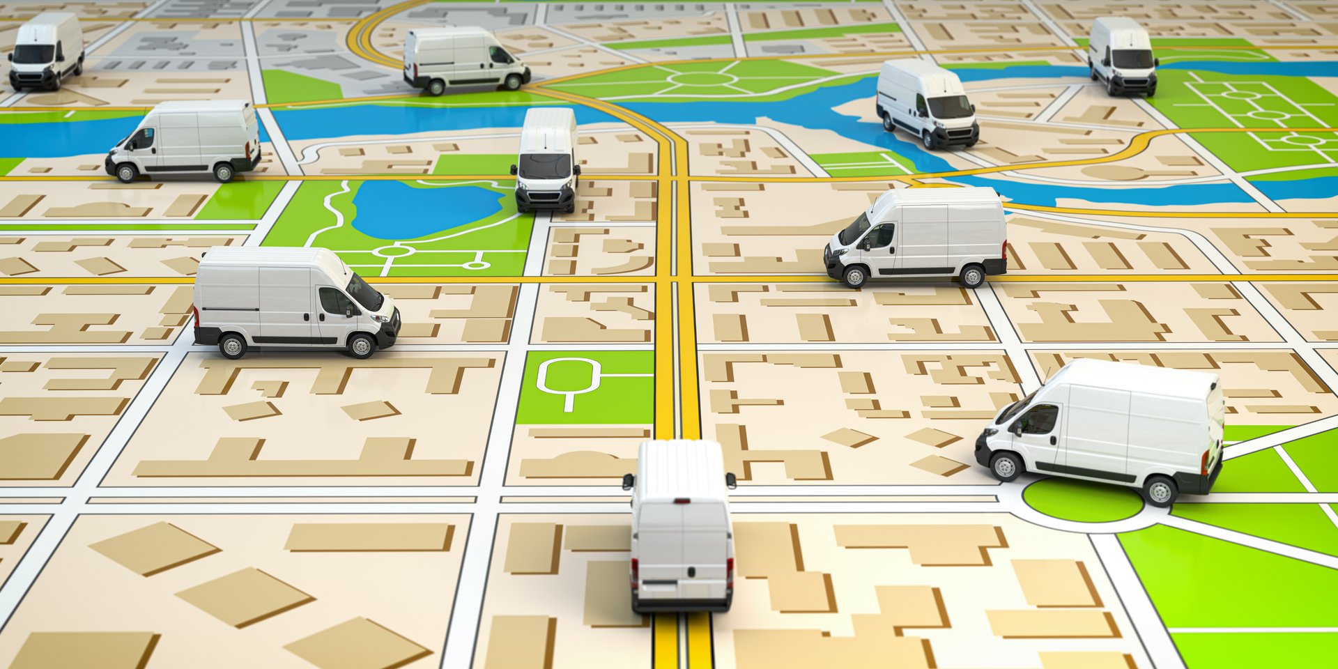 Delivery comercial vans on city map. Fleet of delivery service. 3d illustration