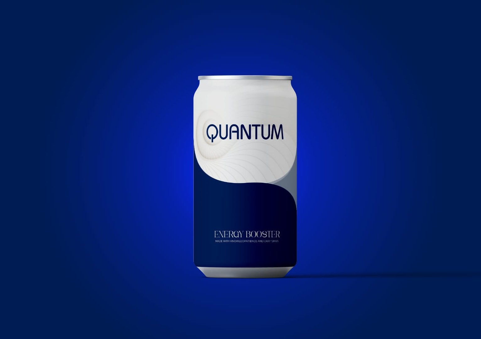 A can of "Quantum" energy booster drink against a blue gradient background, featuring a sleek white and dark blue design.