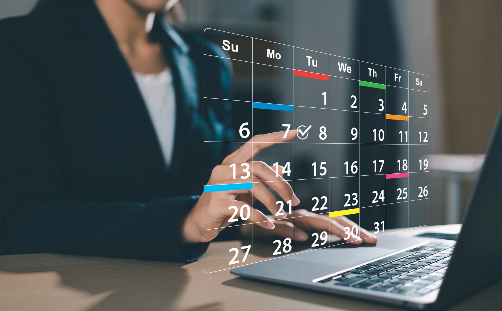 Planning and scheduling meeting calendars, activities, time management, notifications and reminders of important events with virtual screens.