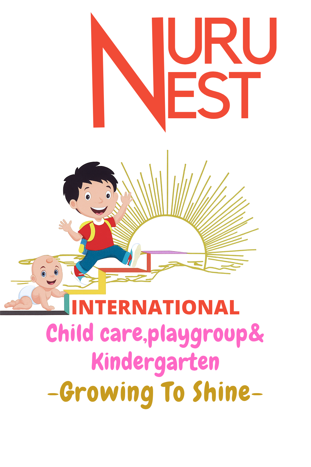 Logo for Nuru Nest International with a cartoon child and baby, sun rays, and text: Child care, playgroup & kindergarten.