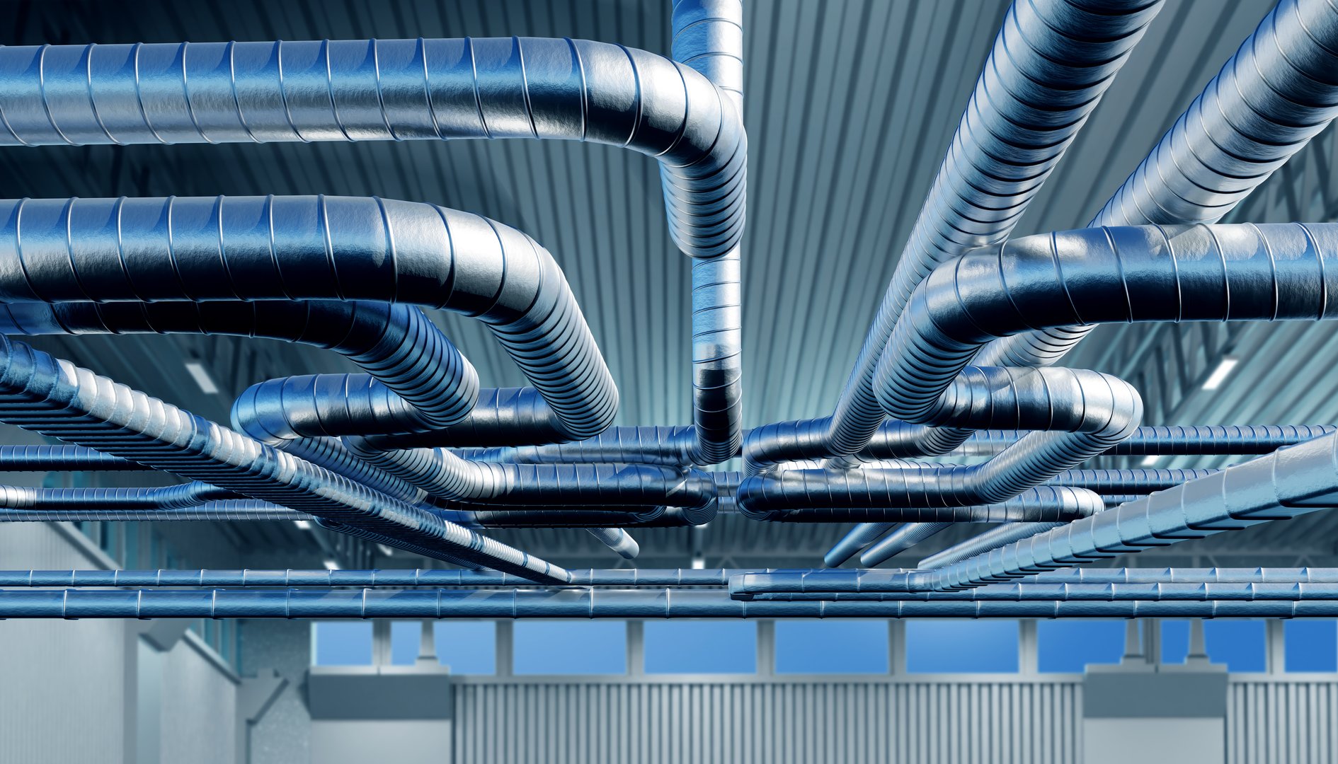 Intricate Network of Metallic Ventilation Pipes in Modern Industrial Facility 3d image