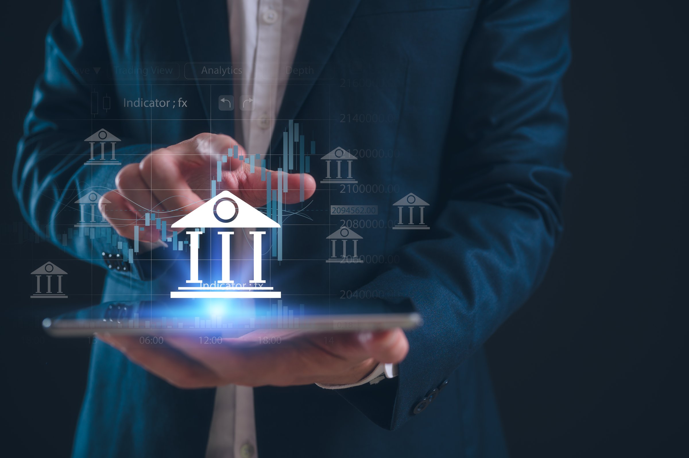 E-governance technology, Businessman holding virtual glob and the e-governance icon on the global network structure. Ensuring secure e-governance of business in the era of global connectivity