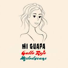Illustration of a woman with wavy hair above the text Mi Guapa Gallo Rojo Melodycams on a beige background.