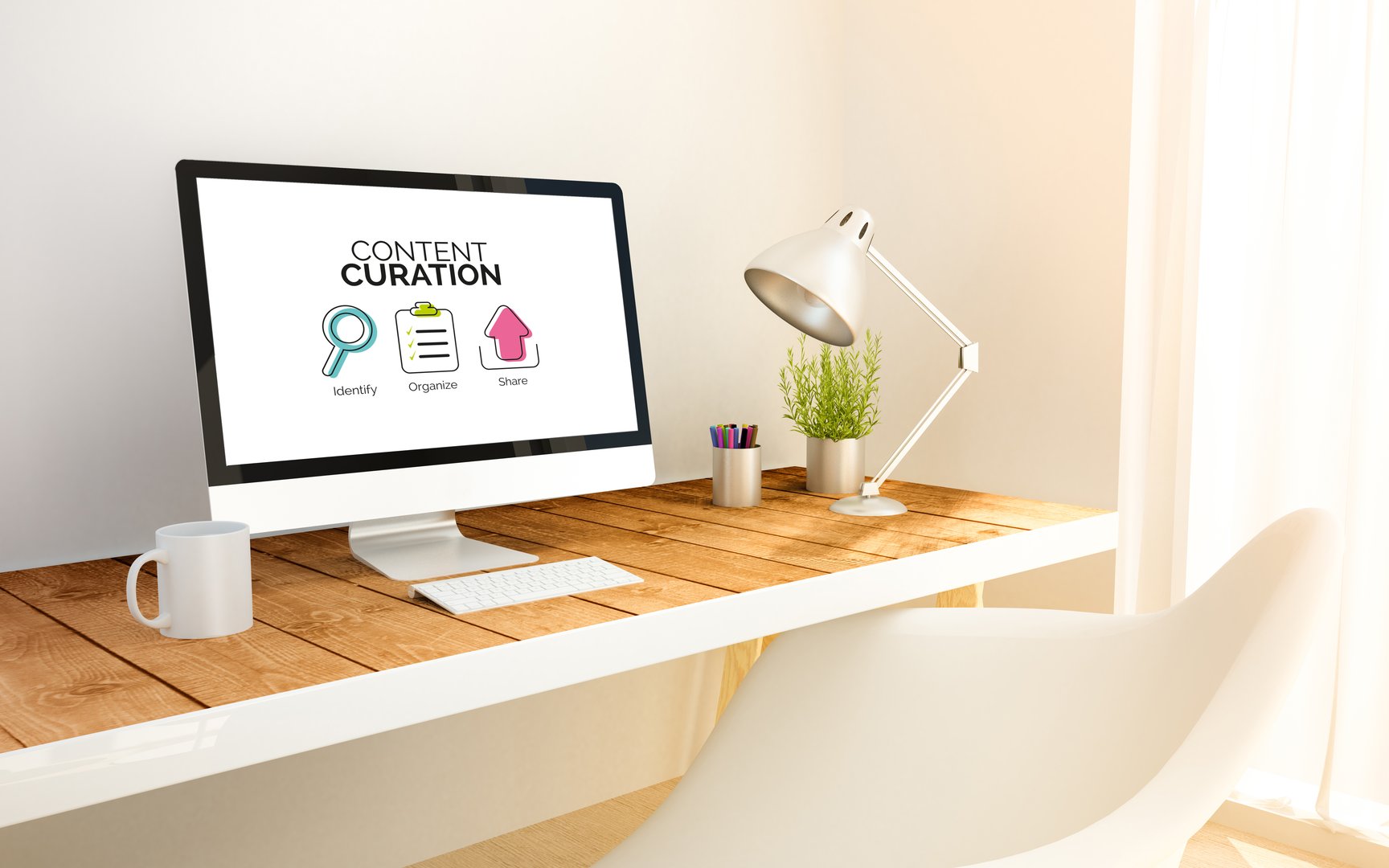 3d generated minimalist workspace with computer with Content curation graphic. 3d illustration. all screen graphics are made up.