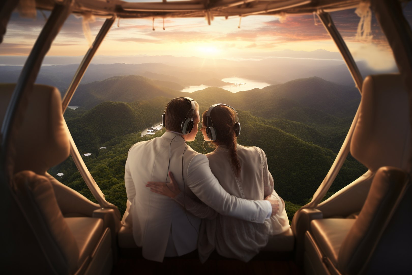 A couple wearing headphones embraces while enjoying a scenic view of mountains and a sunset from a helicopter.