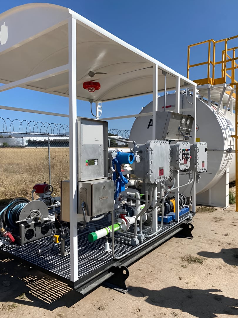 Industrial fuel dispenser with control panels and hoses, next to a large white storage tank, set outdoors on a sunny day.