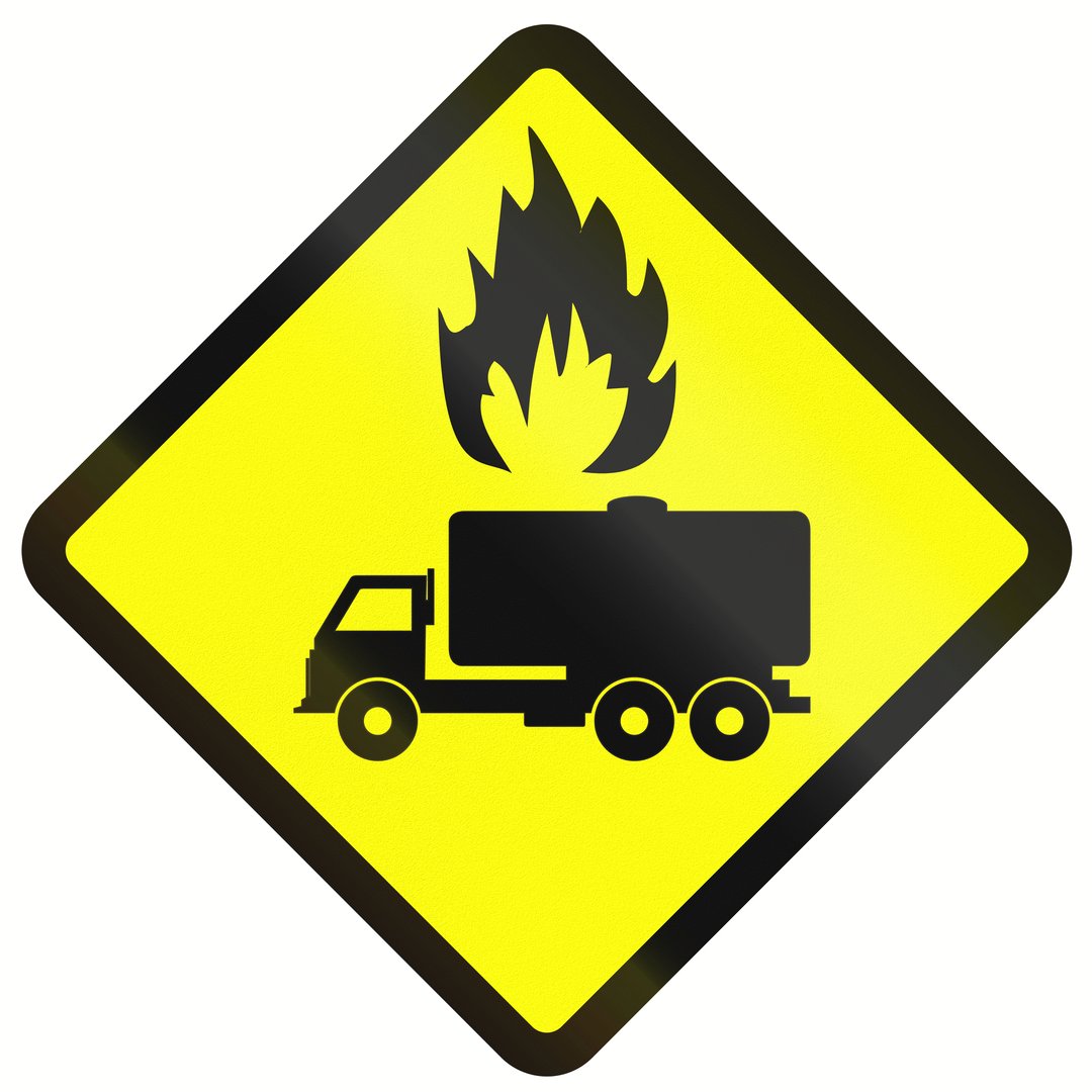 Indonesian warning road sign - tank trucks with flammable goods