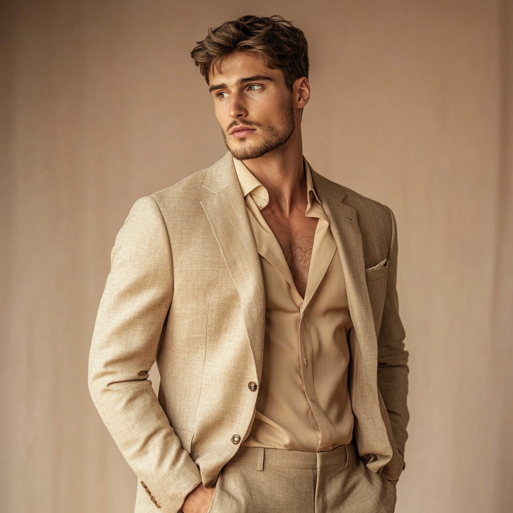 A man in a beige suit with an unbuttoned shirt looks to the side against a neutral background.