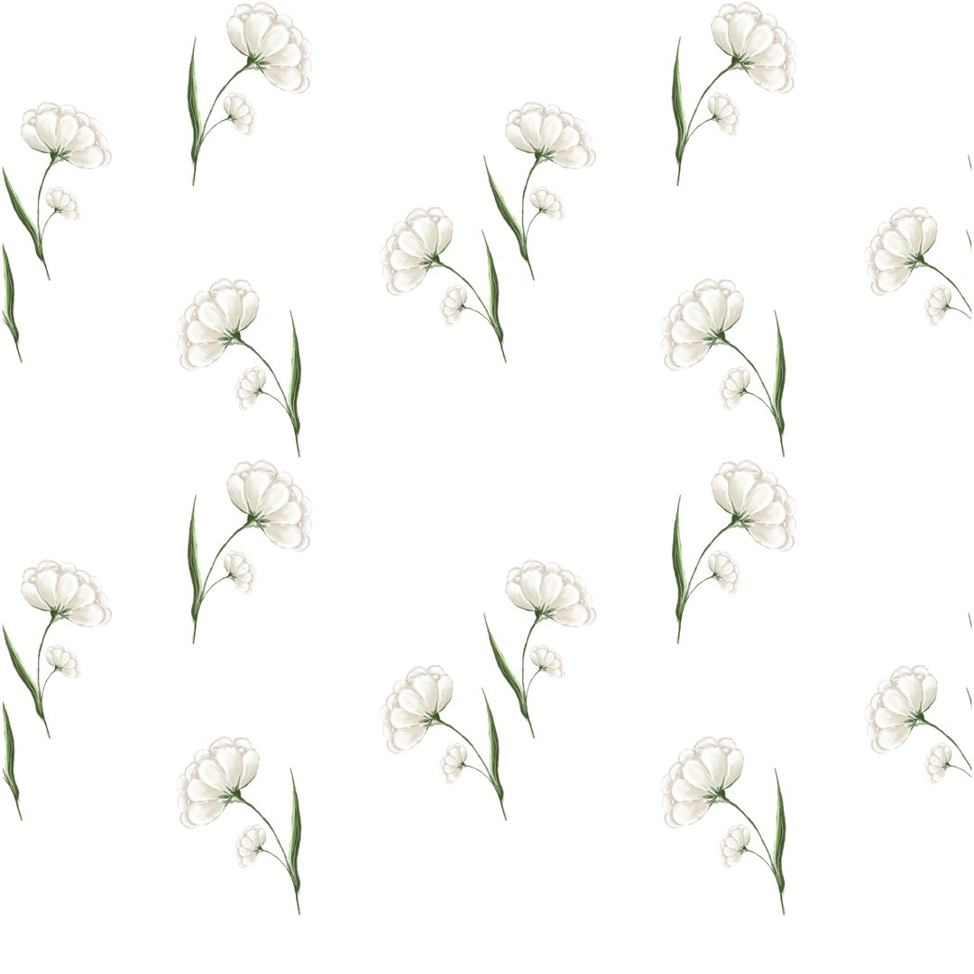 A subtle and elegant floral design showcases delicate white flowers with green stems set against a clean, soft background. Ideal for textiles and wallpaper.