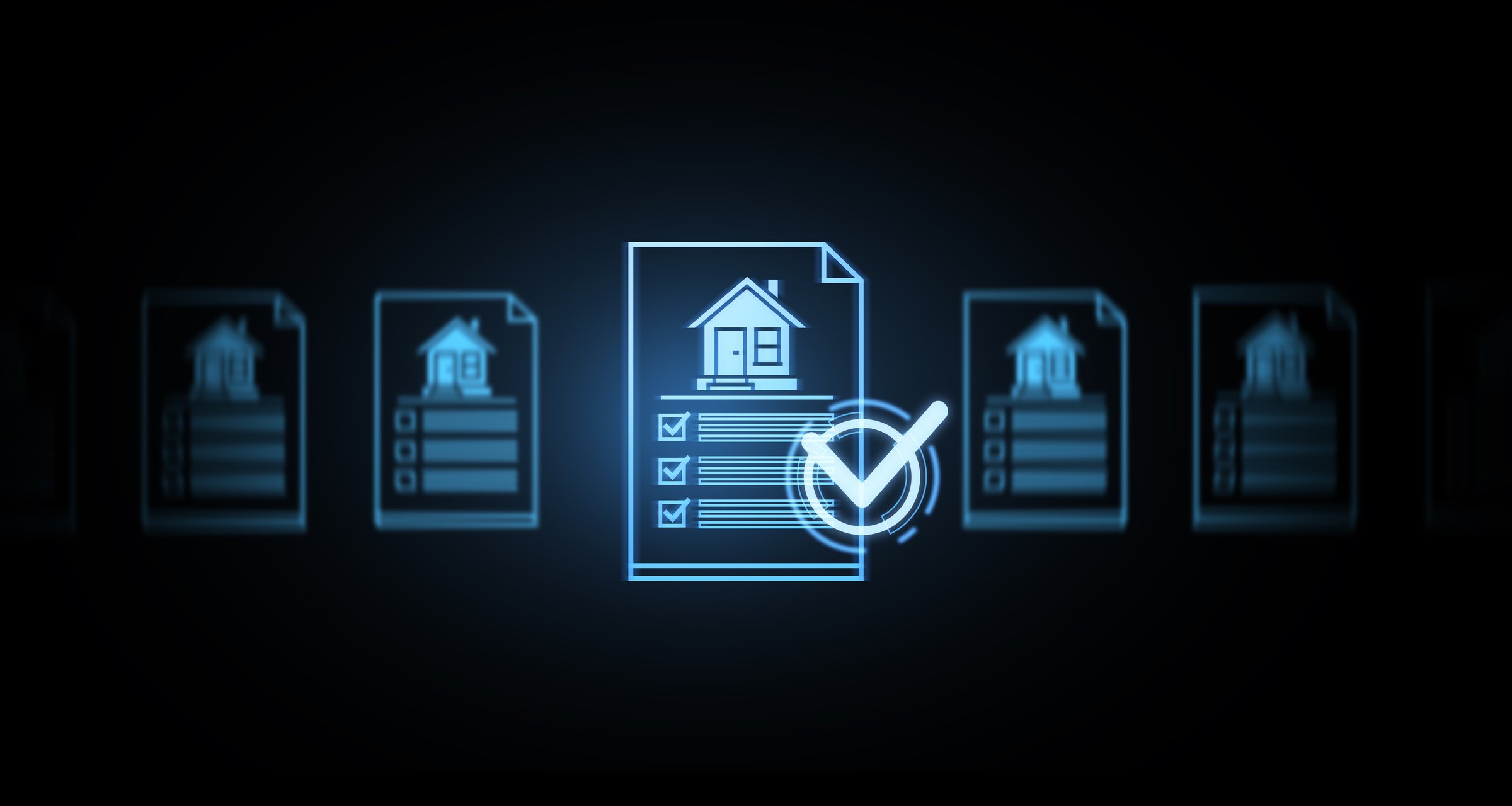 Glowing digital icons of home insurance documents with checkmarks, presented in a futuristic style. Dark background. Concept of home protection. 3D Rendering