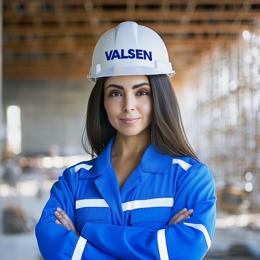 A woman in a blue safety uniform and hard hat with "VALSEN" logo, stands confidently at a construction site.