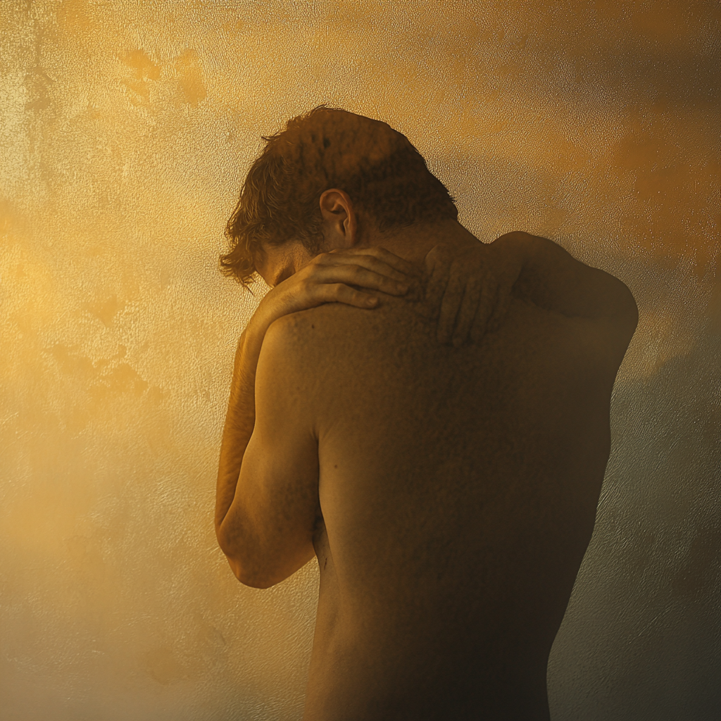 A shirtless man stands with his back turned, embracing himself against a golden, textured background.