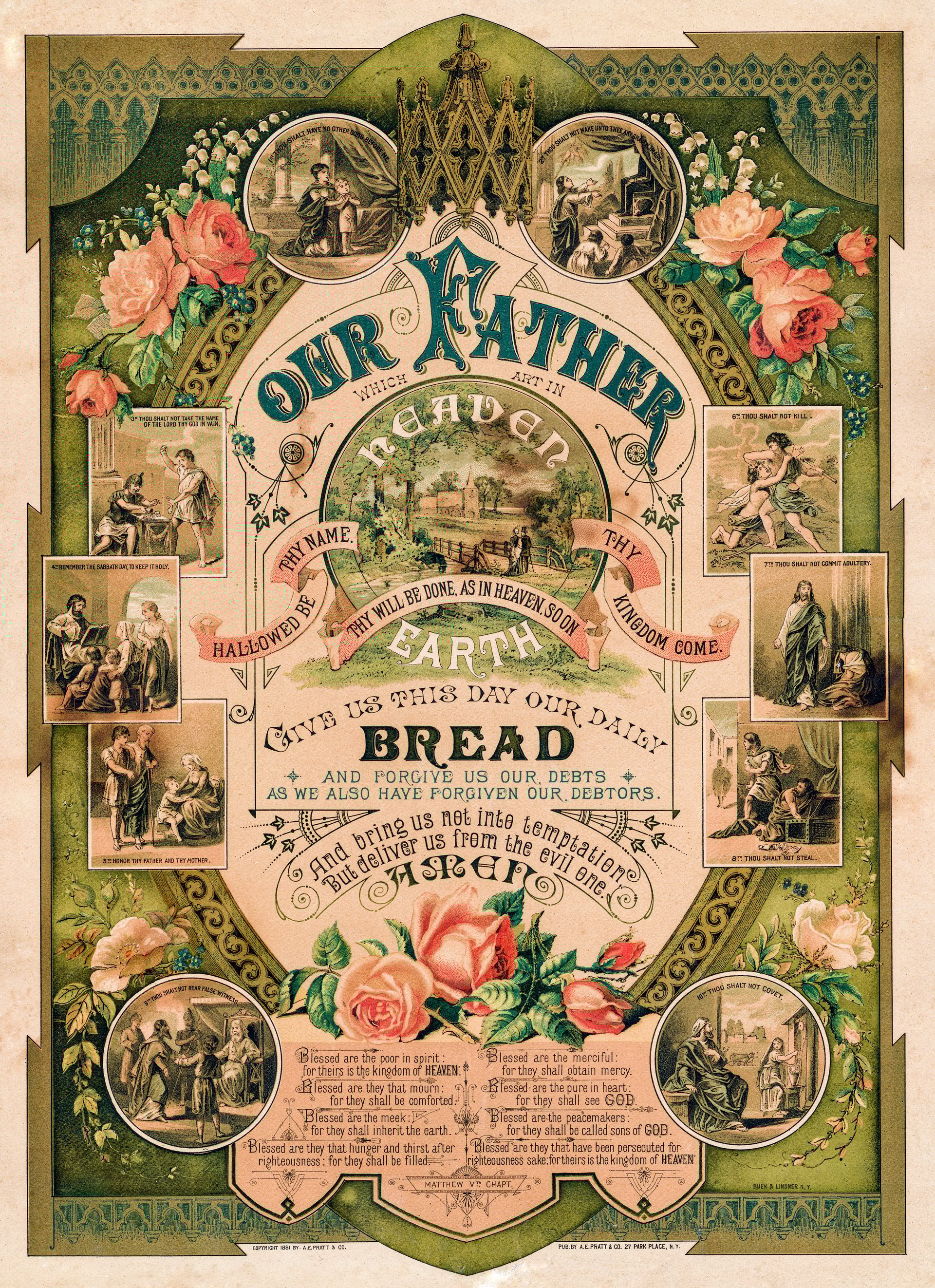 "The Lord's Prayer," by Jesus Christ (Matthew 5) on a poster with 11 Bible illustrations.  Poster published 1881. Color Image. Original edition is from my own archives. Copyright has expired and is in Public Domain.