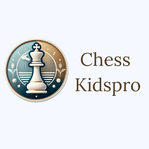 Logo with a chess pawn and the text Chess Kidspro on a light background.