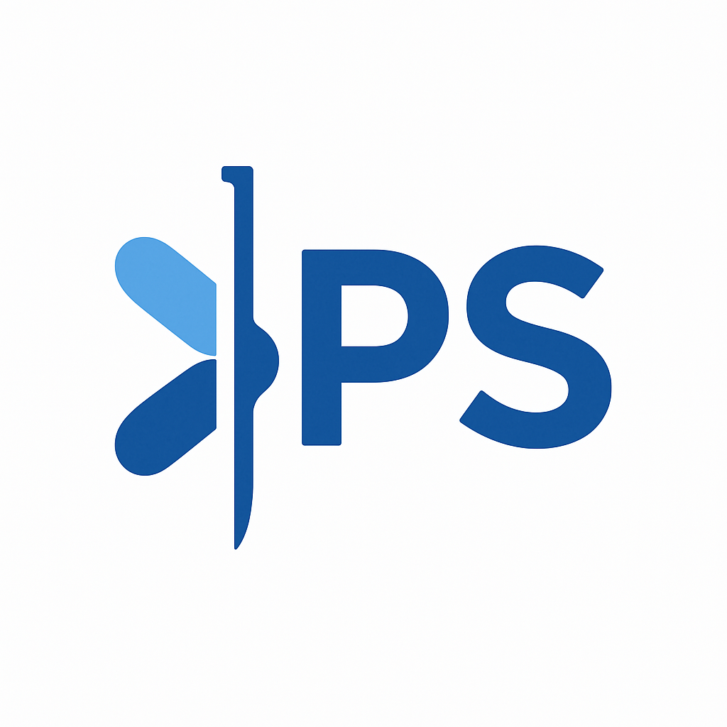 Blue and light blue "PS" logo with a stylized leaf and vertical line on a white background.