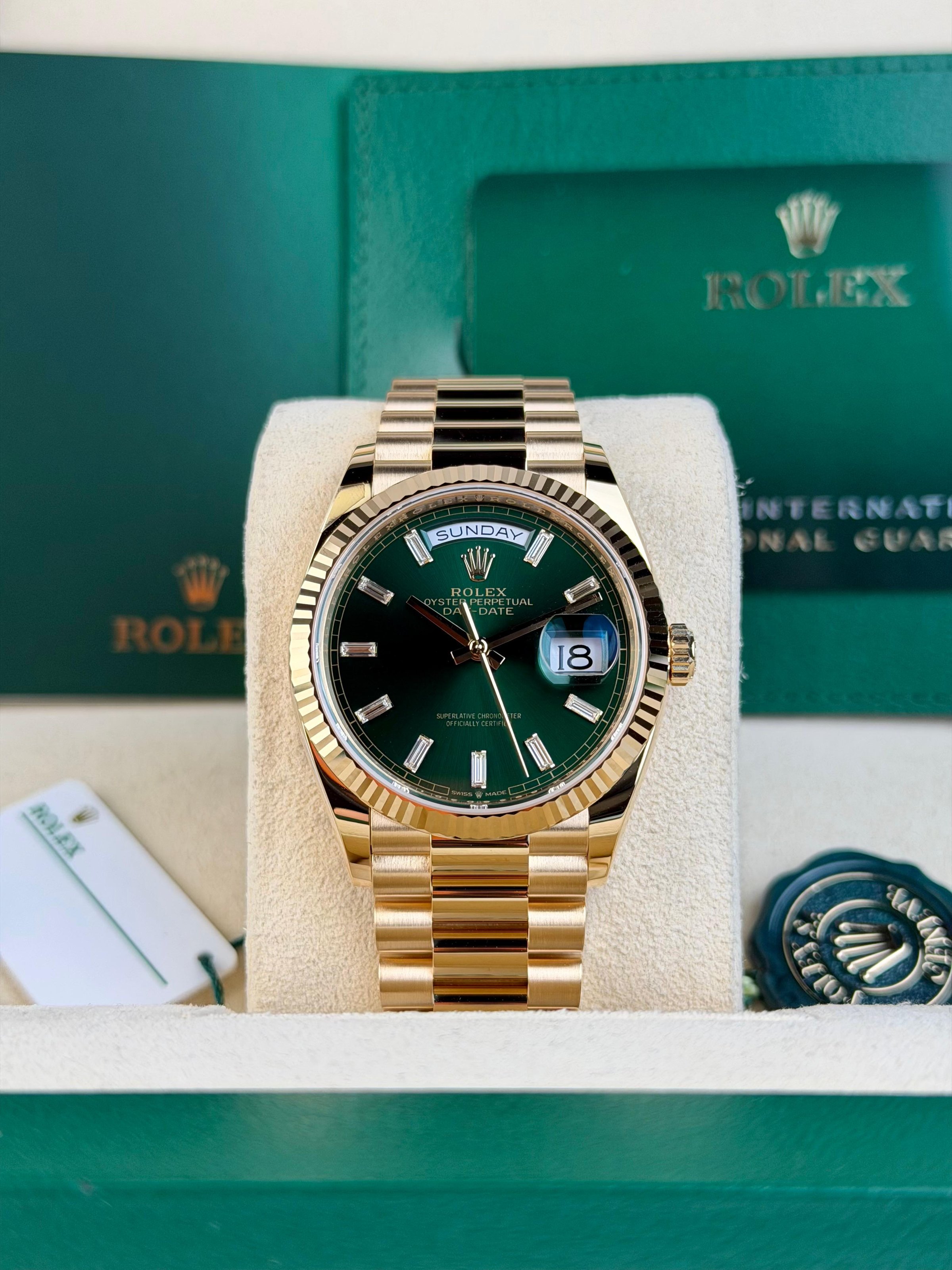 Rolex Day-Date 36mm Bright Green Baguette Diamond