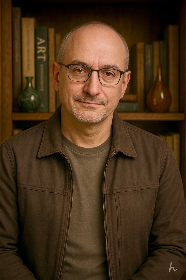 Man with glasses and goatee wearing a brown jacket, standing in front of a bookshelf with decorative items.