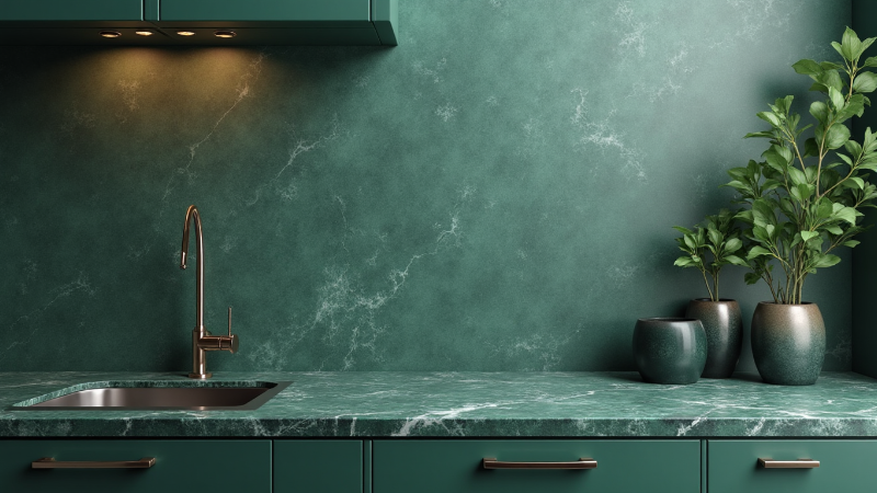 Green kitchen with white countertops, hanging plants, and wooden ladder. 3d render