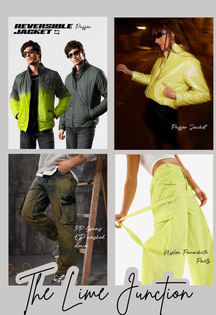 A collage of lime green fashion items: reversible jackets, a puffer jacket, cargo pants, and PD senang denim.