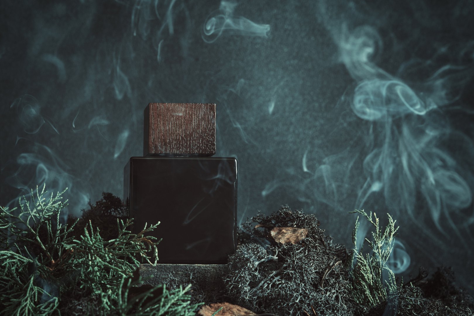 Black perfume bottle with a wooden cap, surrounded by dry leaves, pine needles, and smoke, earthy and mysterious atmosphere.