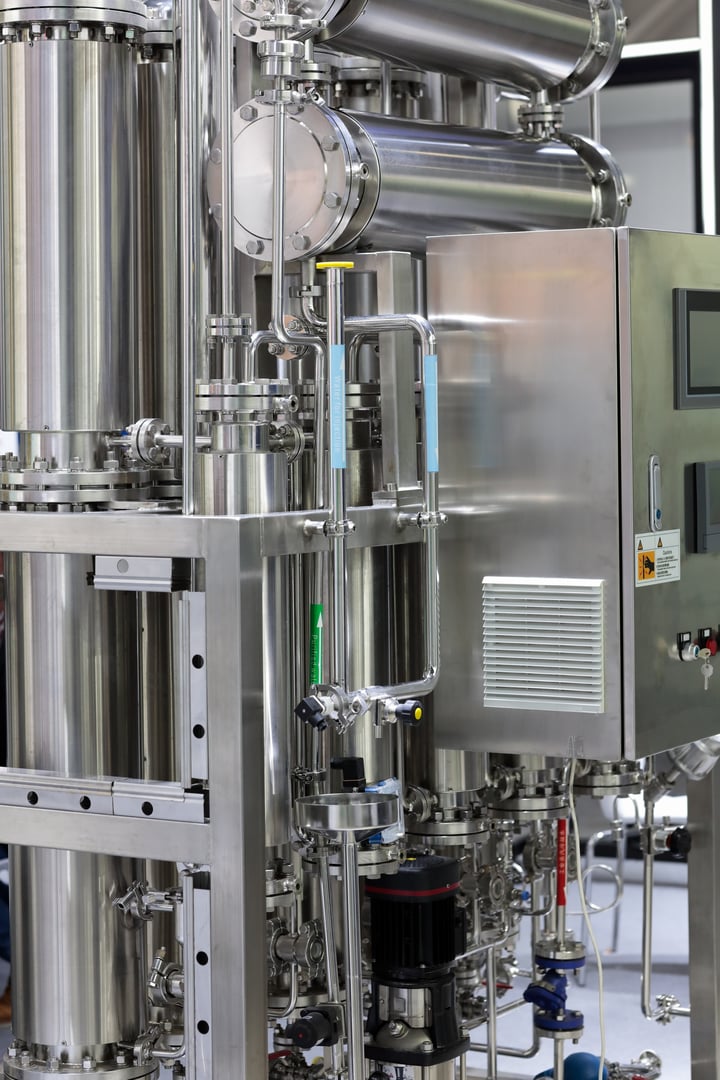 Sterile water for injection WFI making equipment. Automatic water for injection generation plant. Selective focus.