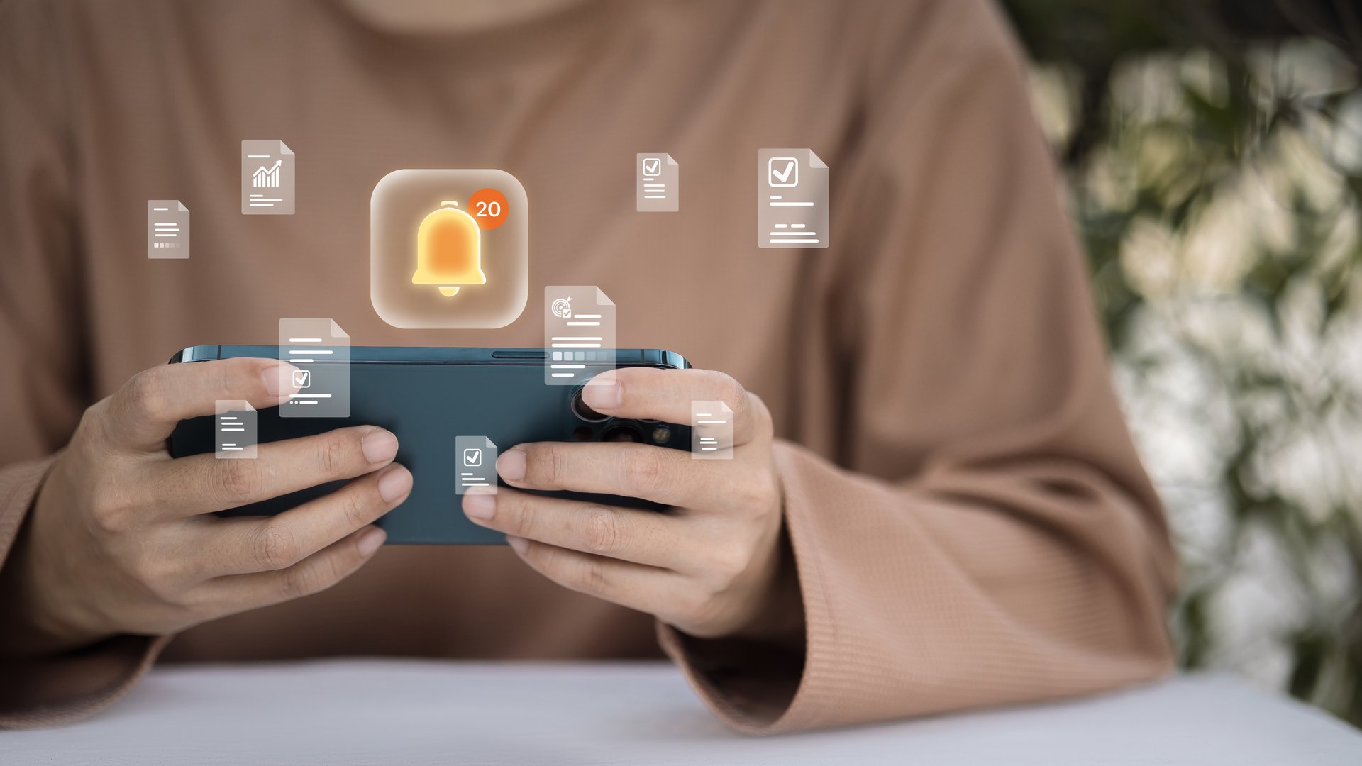 Hands holding smartphone with new message notification, digital reminder alert, business document icon and communication technology, online connection concept.