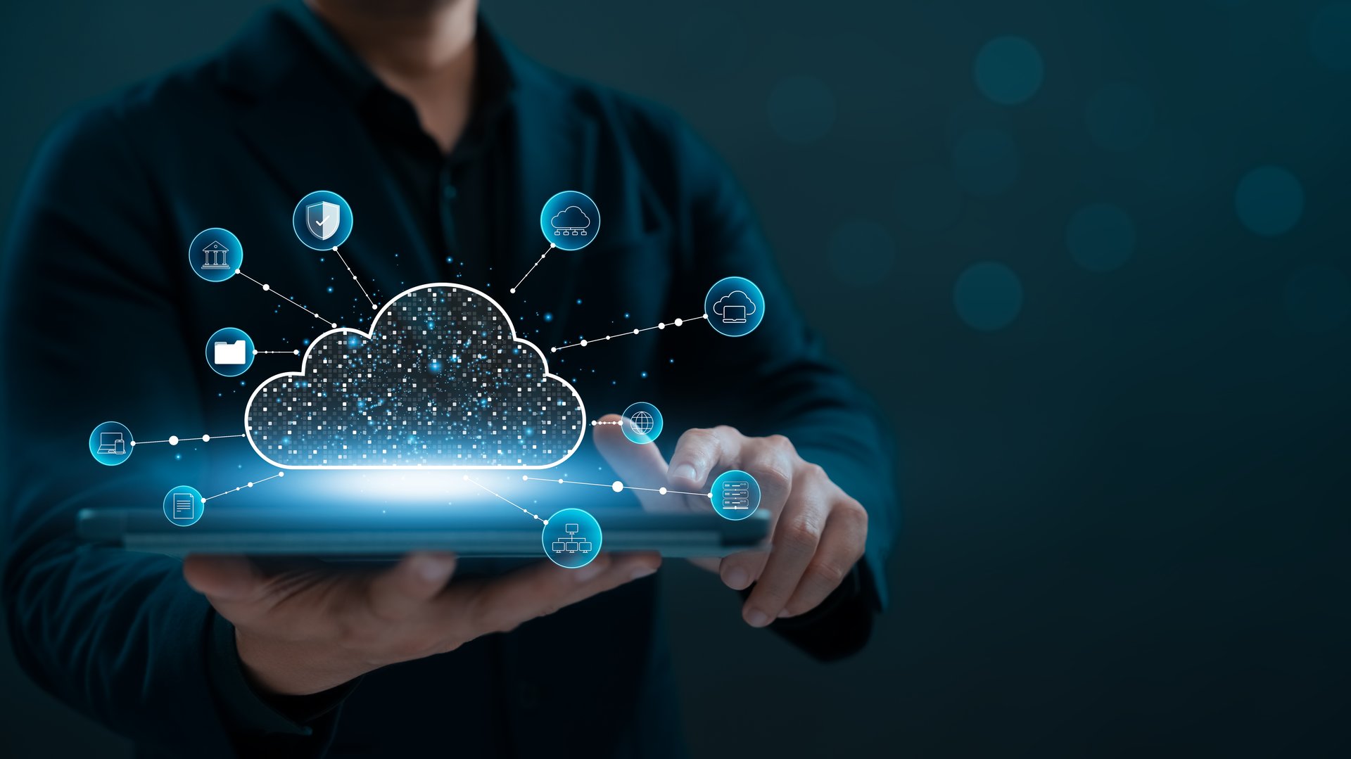 Cloud Computer technology and storage online for computer business network ideas connected to Internet server services for cloud transfer shown in the future Network of Data.