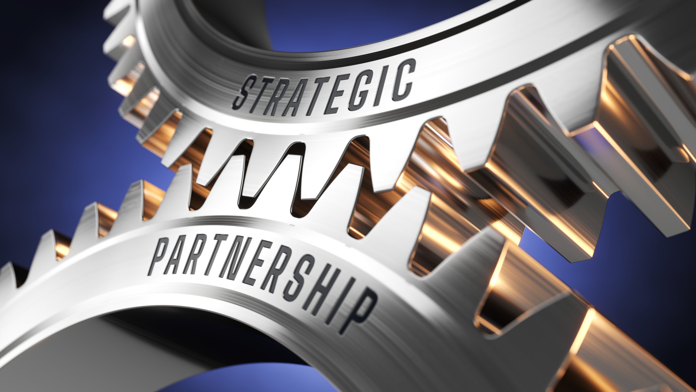 Strategic Partnership Gears wheels concept - Gearwheels with Strategic Partnership words. 3d rendering
