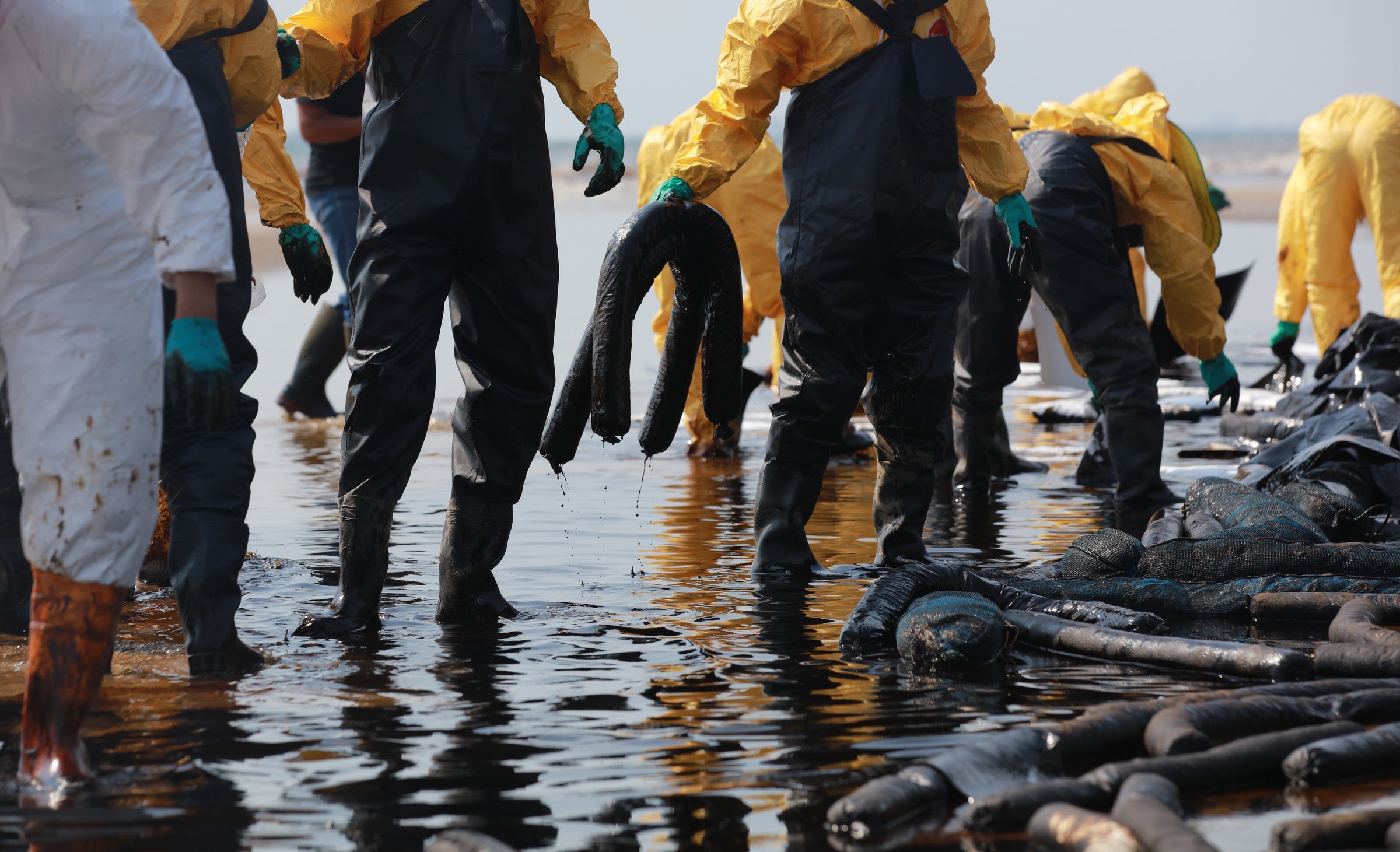 Volunteers clean the ocean coast from oil after there was a leak of crude oil from an undersea pipeline.