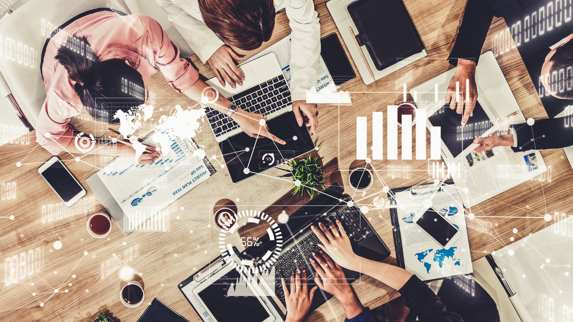 Imaginative visual of business people and financial firms staff . Concept of human resources , enterprise resource planning ERP and digital technology .