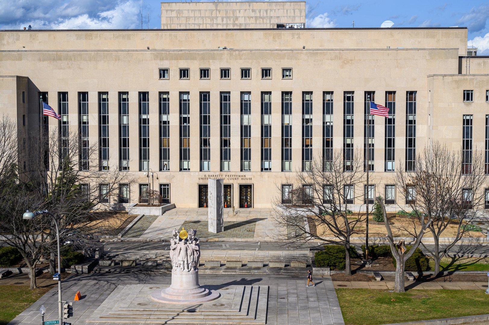 Elevated view of the E. Barrett Prettyman Federal Courthouse was built in 1948-52 and currently houses the United States District Court for the District of Columbia, the United States Court of Appeals for the District of Columbia Circuit, and the United States Foreign Intelligence Surveillance Court.
