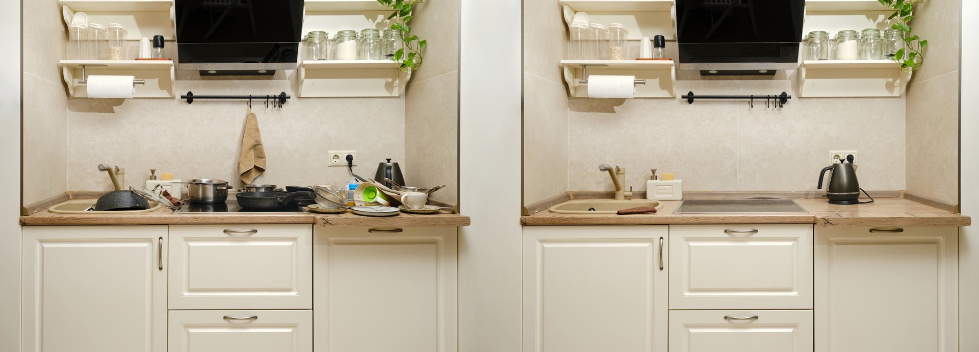 Cleaning in the home kitchen, before and after. Organization of order in the home room