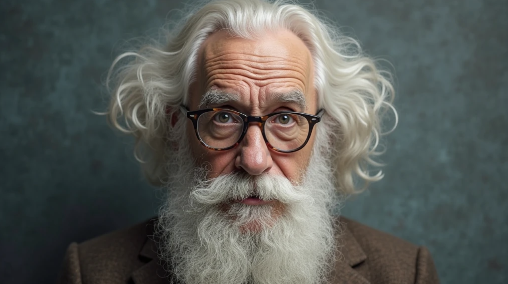 Elderly man with white hair and beard, wearing glasses and a brown jacket, against a textured gray background.
