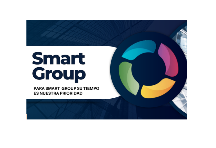 Logo of Smart Group with a colorful circular design and text: "Para Smart Group su tiempo es nuestra prioridad."