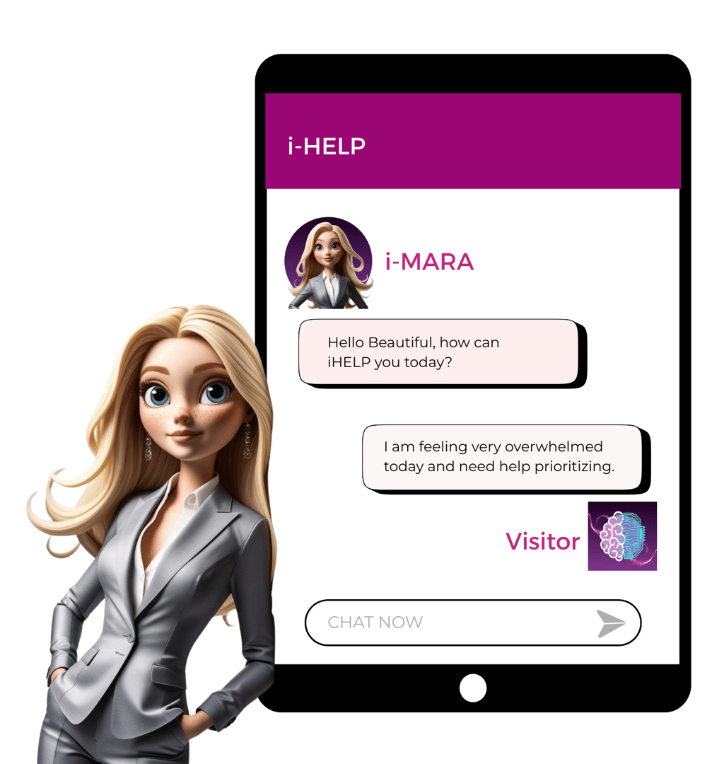 Cartoon assistant in a gray suit beside a tablet displaying a chat interface with a visitor expressing feeling overwhelmed.