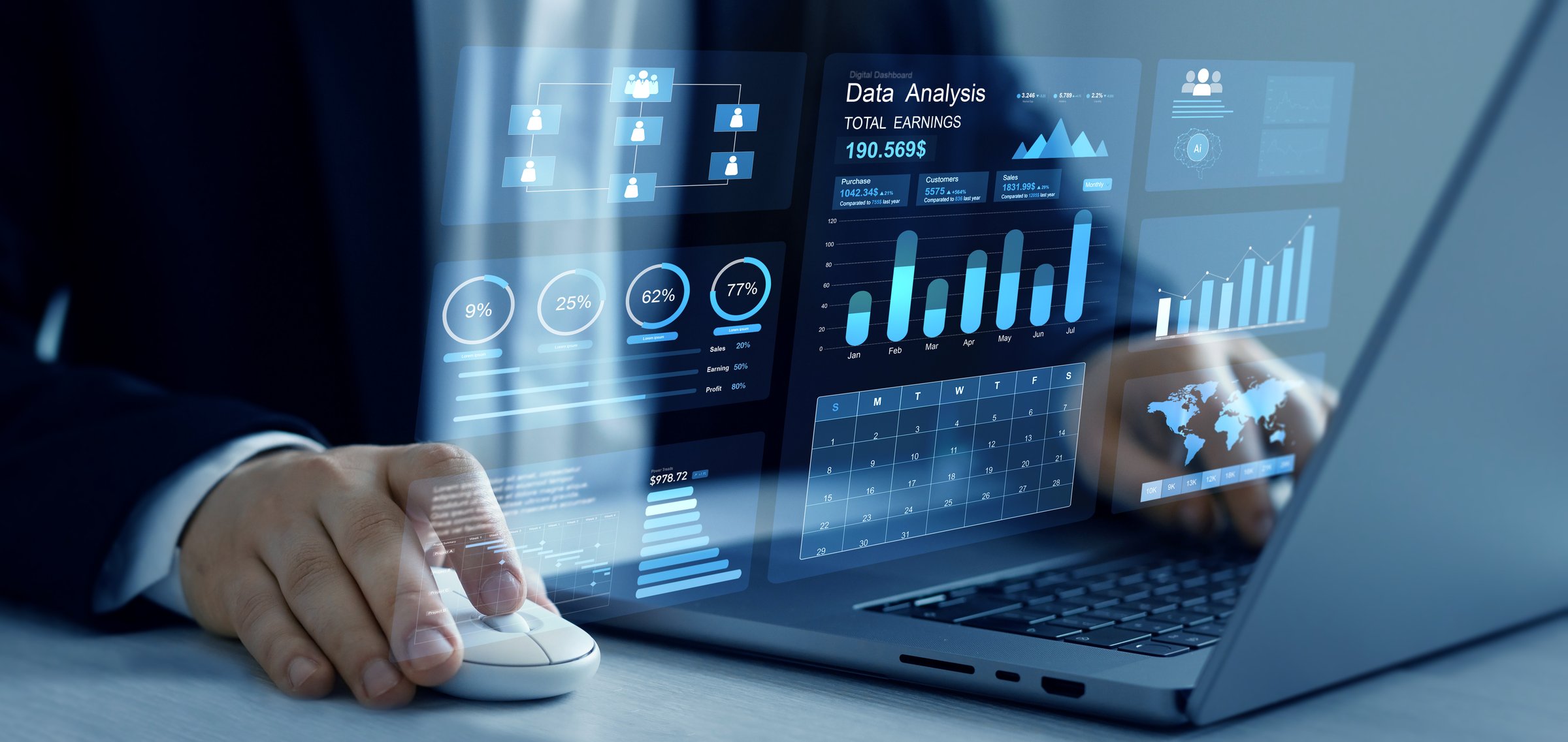 Financial business data analytics graph dashboard. Management data System KPI connected in database for follow earnings,operations and sales data
