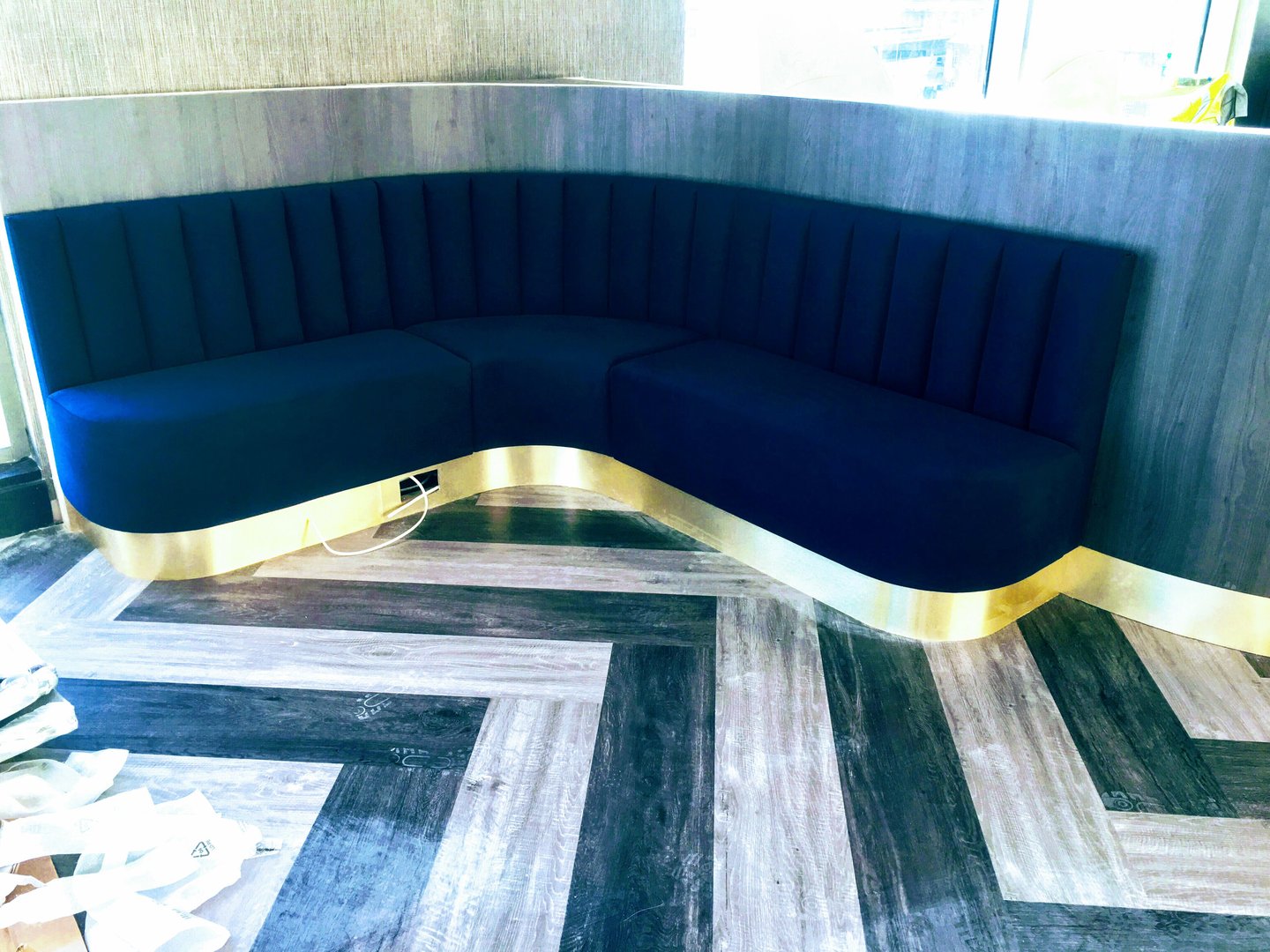 Sky bar seating upholstery project showing professional commercial furniture work