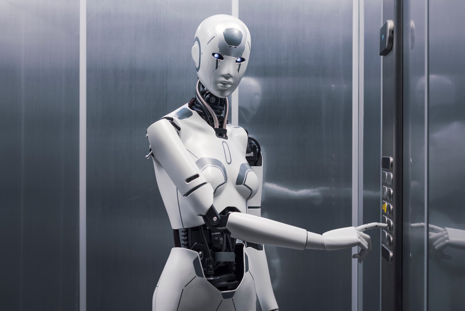Humanoid robot standing inside the elevator and pressing a button, AI and robotics concept