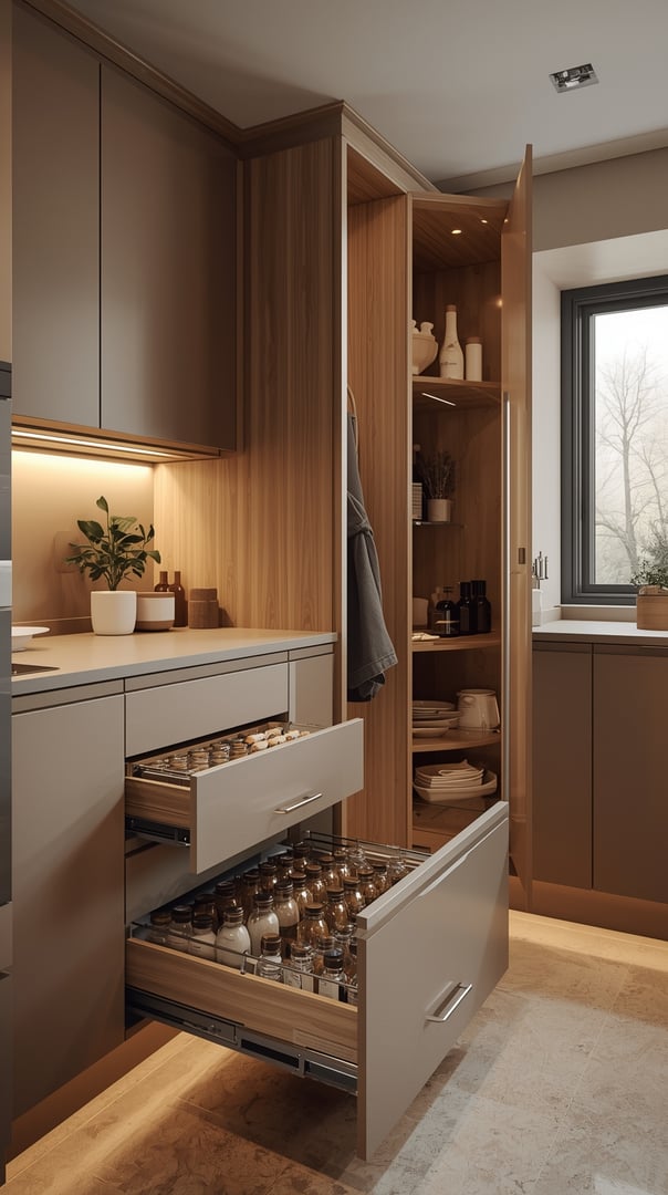 Ultra realistic wideangle photograph of modern kitchen storage